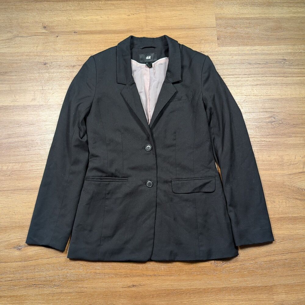 H&M Blazer Jacket Women Size 4 Black Padded Shoulders Pockets Work Office